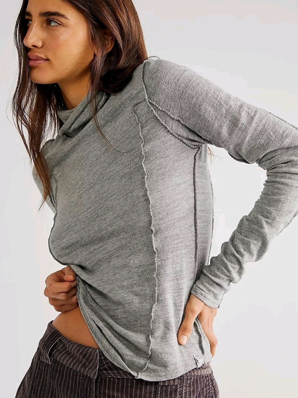Free People Gray Long Sleeve Raw-Seam Tee